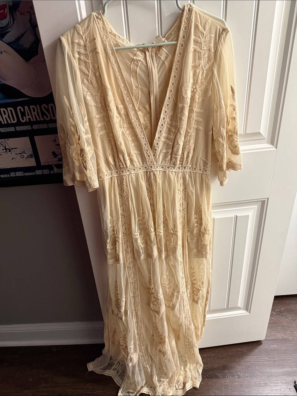 Boho Lace Embroidered Plunge Neck Romper with Sheer Lace Maxi Overlay